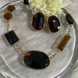 NEW Ralph Lauren Vintage Faceted Glass Topaz Statement Collar Necklace Earrings